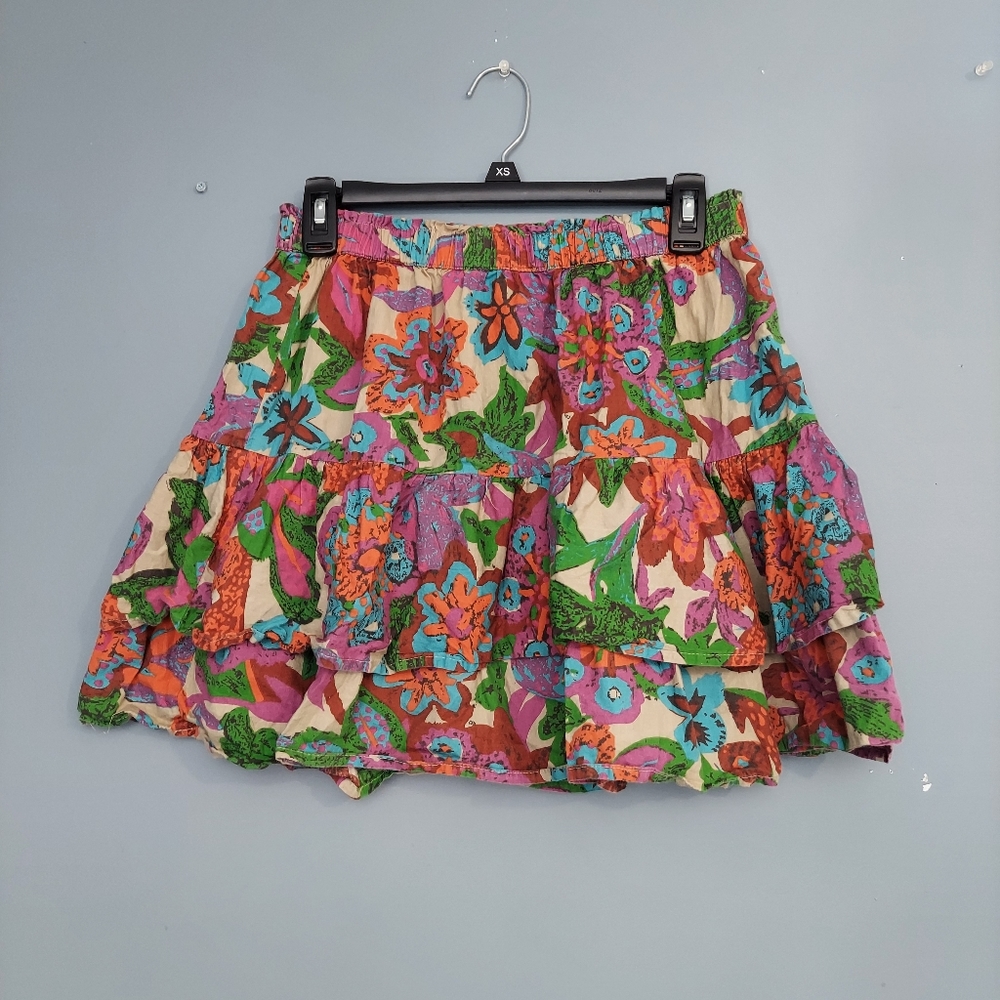 Tan, Colorful print Ruffle Skirt, Women's M, Jennifer&Grace